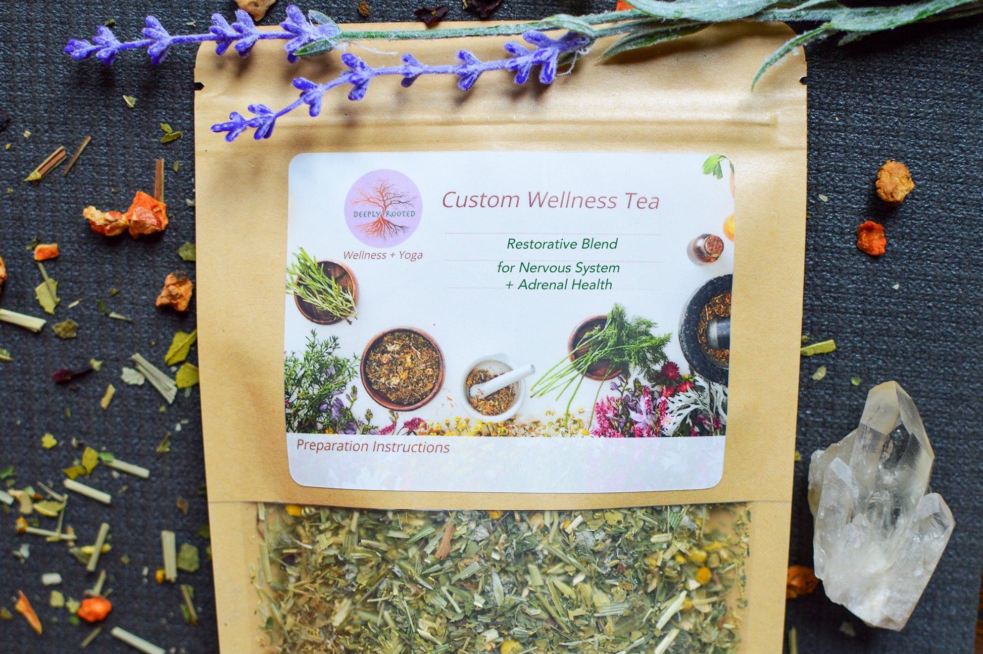 Calming Restorative Blend Organic Herbal Tea, Caffeine-free Deeply Rooted Yoga + Wellness