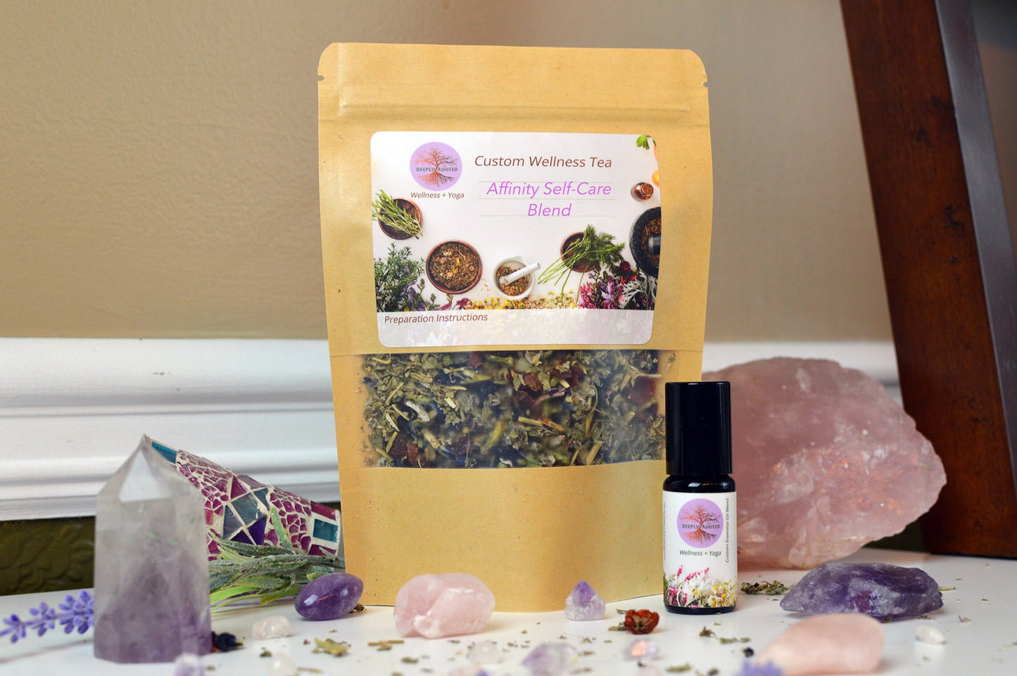 Affinity Herbal Tea + Custom Essential Oil COMBO, 8oz tea, 10ml oil Deeply Rooted Yoga + Wellness