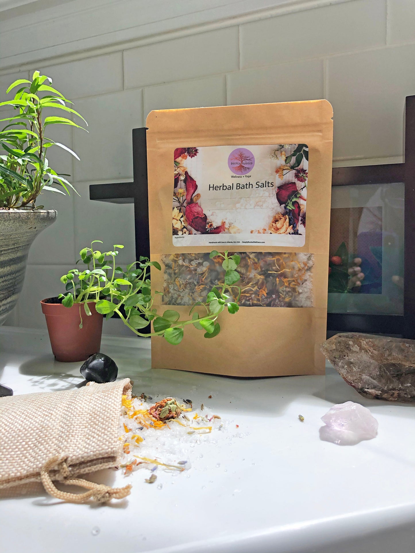 Soft Burlap Bag for Herbal Bath Salts / Bath Tea 4x6 drawstring bag Deeply Rooted Yoga + Wellness