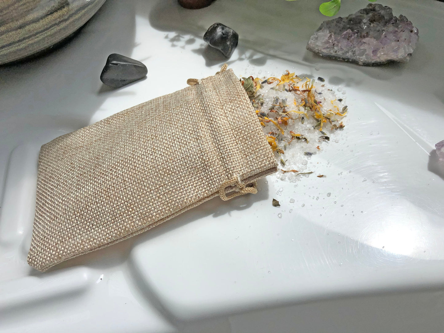 Soft Burlap Bag for Herbal Bath Salts / Bath Tea 4x6 drawstring bag Deeply Rooted Yoga + Wellness