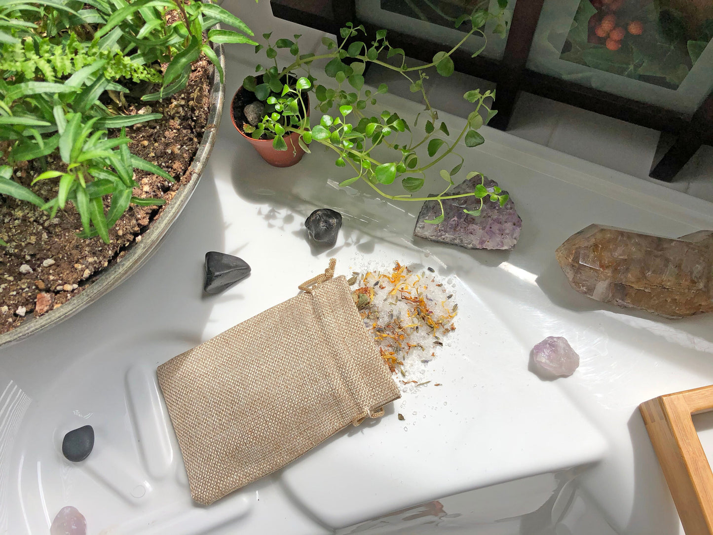 Soft Burlap Bag for Herbal Bath Salts / Bath Tea 4x6 drawstring bag Deeply Rooted Yoga + Wellness